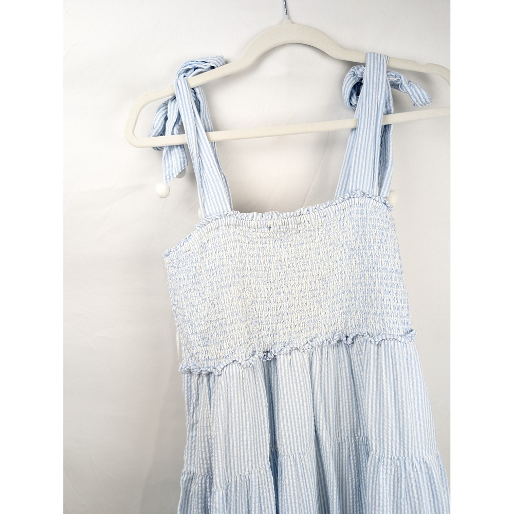 Seersucker 100% Cotton Lined Tiered Peasant Dress Sz S Blue Cottagecore Prairie - Picture 3 of 10